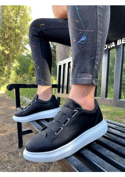 J889 Bağcıksız Lastikli 3 Bantlı Ortopedik Taban Günlük Erkek Spor Sneaker Ayakkabı Bt Siyah