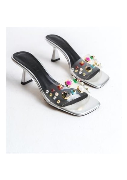 Kadın Vsca Gümüş Metalik Şeffaf Taşlı Terlik