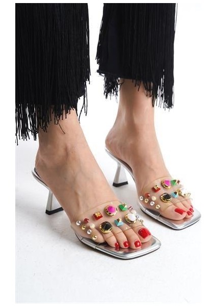 Kadın Vsca Gümüş Metalik Şeffaf Taşlı Terlik fiyatları