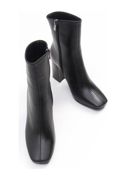 Kadın TLL Siyah Cilt Kalın Topuk Bot