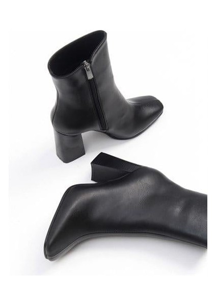 Kadın TLL Siyah Cilt Kalın Topuk Bot