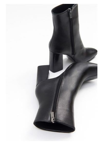 Kadın TLL Siyah Cilt Kalın Topuk Bot