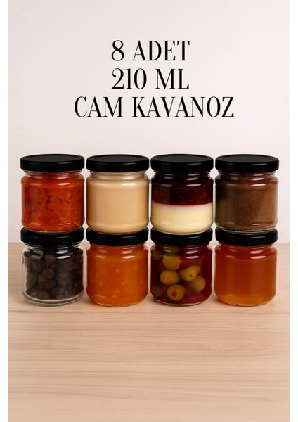 8 Adet 210 ml Metal Konserve Kapaklı Mama Yoğurt Saklama 210 cc Şeffaf Cam Kavanoz