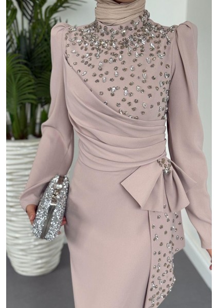 Lalissa Yandan Fiyonklu Taşlı Krep Abiye Vizon fiyatları