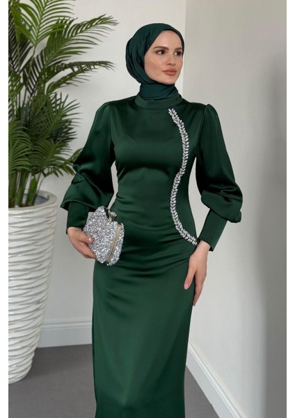 Nigina Yandan Taşlı Kalem Abiye Zümrüt modelleri