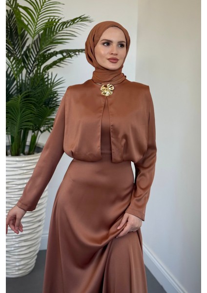 Elizan Tokalı Saten Abiye Cappucino modelleri