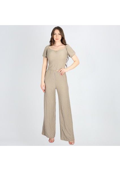 Kalp Yaka Crop Bluz Vebol Paça Yüksek Bel Lastikli Pantalon