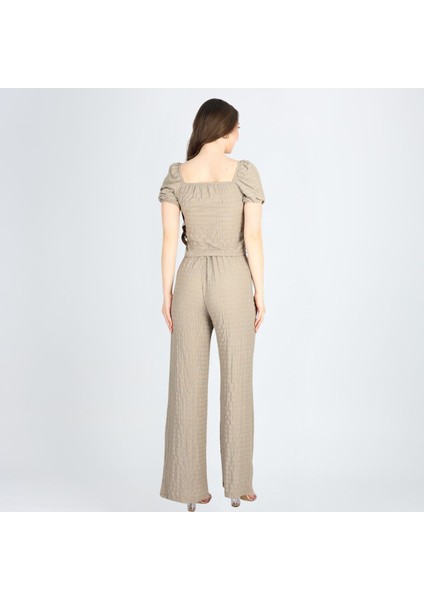 Kalp Yaka Crop Bluz Vebol Paça Yüksek Bel Lastikli Pantalon