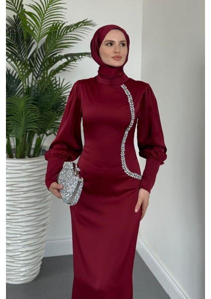 Nigina Yandan Taşlı Kalem Abiye Bordo modelleri