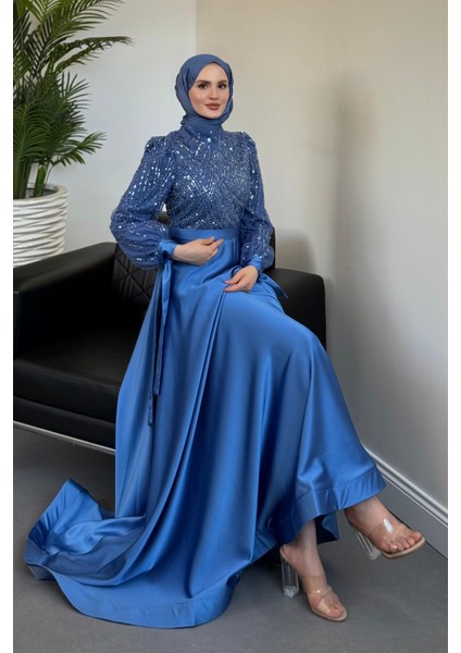 Elena Üstü Payetli Saten Abiye Mavi