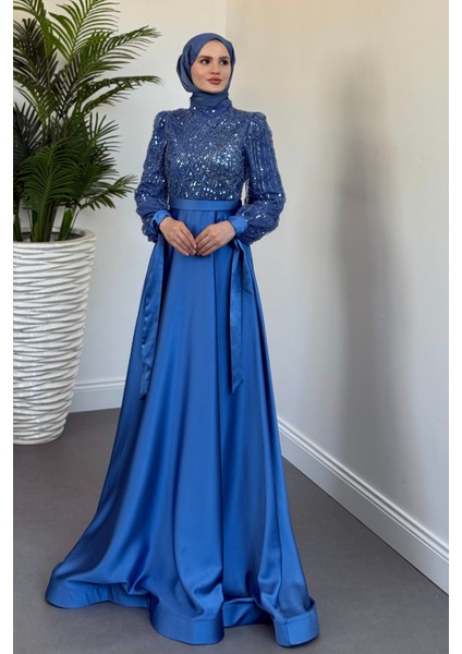 Elena Üstü Payetli Saten Abiye Mavi fiyatları