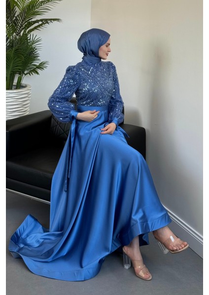 Elena Üstü Payetli Saten Abiye Mavi modelleri