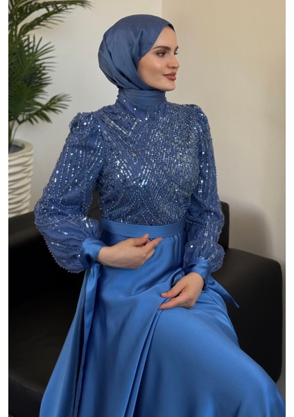 Elena Üstü Payetli Saten Abiye Mavi indirimleri
