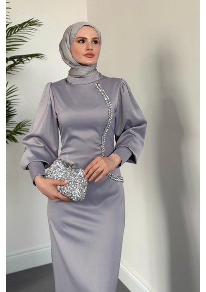Nigina Yandan Taşlı Kalem Abiye Gri