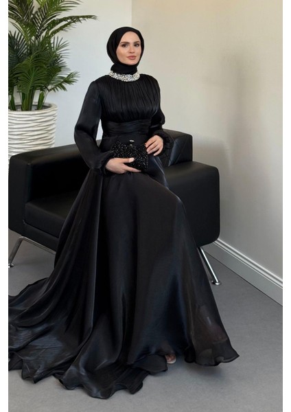 Talya Boynu Taşlı Abiye Siyah