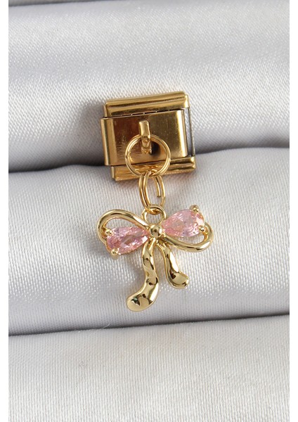 316L Çelik Sallantılı Zirkon Taşlı Fiyonk Model Gold Renk Nomination Charm