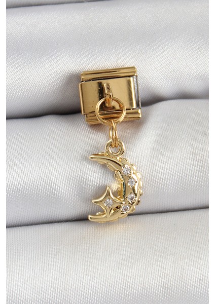 316L Çelik Sallantılı Zirkon Taşlı Ay Model Gold Renk Nomination Charm