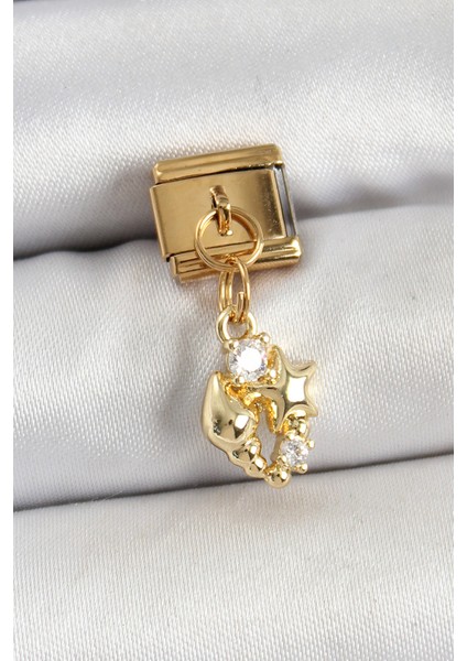 316L Çelik Sallantılı Zirkon Taşlı Deniz Kabuğu ve Yıldız Model Gold Renk Nomination Charm