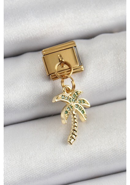 316L Çelik Sallantılı Zirkon Taşlı Palmiye Ağacı Model Gold Renk Nomination Charm