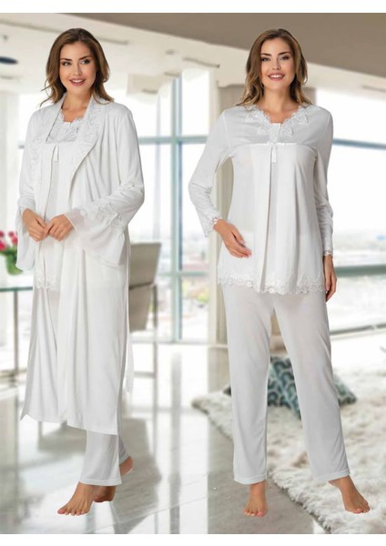Dvina Effortt Lohusa Sabahlıklı Pijama Takımı Ekru - 7034