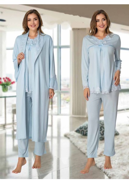 Dvina Effortt Lohusa Sabahlıklı Pijama Takımı Mavi - 7034