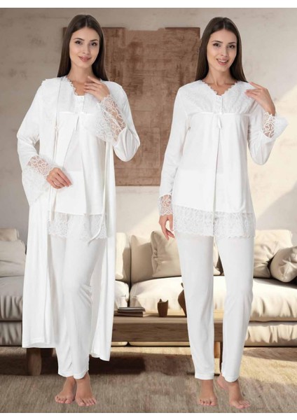 Dvina Effortt Lohusa Sabahlıklı Pijama Takımı Ekru - 7044
