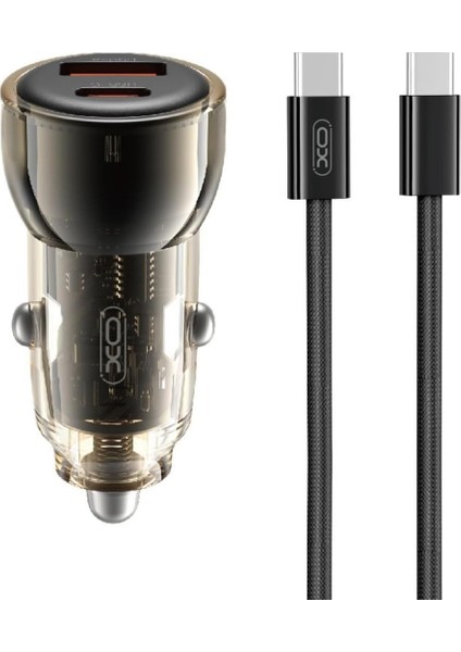 Araç Içi Şarj Cihazı Type-C CC60-60W Çift Portlu Hızlı Şarj, Power Delivery (Pd) Desteği, Usb-A ve Usb-C Portları, Şeffaf Tasarım, Aşırı Isınma Koruması | Şeffaf