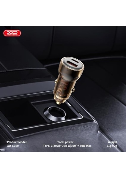 Araç Içi Şarj Cihazı Type-C CC60-60W Çift Portlu Hızlı Şarj, Power Delivery (Pd) Desteği, Usb-A ve Usb-C Portları, Şeffaf Tasarım, Aşırı Isınma Koruması | Şeffaf modelleri