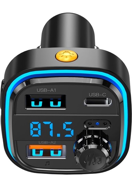 BCC08 Araç Çakmaklık Hızlı Şarj, Bluetooth 5.0 Fm Transmitter, 3 USB Çıkışlı Araç Şarj Cihazı, 15.5W, LED Ekran, Eller Serbest Modu, Yüksek Ses Kalitesi, Müzik Çalma, Siyah