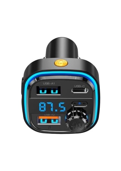 BCC08 Araç Çakmaklık Hızlı Şarj, Bluetooth 5.0 Fm Transmitter, 3 USB Çıkışlı Araç Şarj Cihazı, 15.5W, LED Ekran, Eller Serbest Modu, Yüksek Ses Kalitesi, Müzik Çalma, Siyah