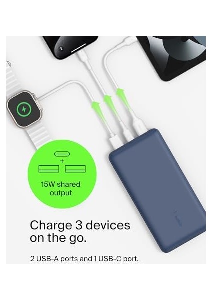 USB C Taşınabilir Şarj Cihazı 20000 Mah, USB Tip C Giriş Çıkış Bağlantı Noktalı 20K Güç Bankası Için USB C - A Kablosu Dahil 2 USB A Bağlantı Noktası - Mavi