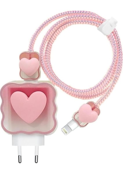 Aksesuar (5960) Pembe Kalp Şarj Aleti Kılıfı, Şarj Kablosu Örme Aparatı, Toparlayıcı, Kablo Koruyucu iPhone 18W/20W ile Uyumlu