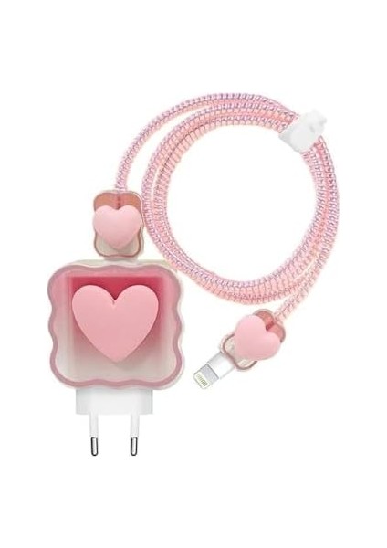 Aksesuar (5960) Pembe Kalp Şarj Aleti Kılıfı, Şarj Kablosu Örme Aparatı, Toparlayıcı, Kablo Koruyucu iPhone 18W/20W ile Uyumlu modelleri