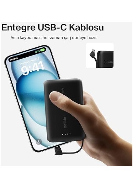 Boostcharge Power Bank, Entegre Kablolu Taşınabilir Şarj Cihazı 10K Pd 20W - Usb-C Güç Dağıtımı, iPhone Power Bank iPhone 16 Serisi, iPad Pro, Galaxy S24 ve Daha Fazlası Için Hızlı Şarj