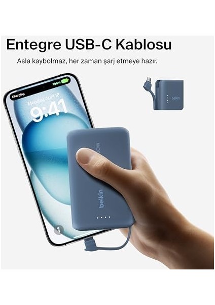Boostcharge Power Bank, Entegre Kablolu Taşınabilir Şarj Cihazı 10K Pd 20W - Usb-C Güç Dağıtımı, iPhone Power Bank iPhone 16 Serisi, iPad Pro, Galaxy S24 ve Daha Fazlası Için Hızlı Şarj