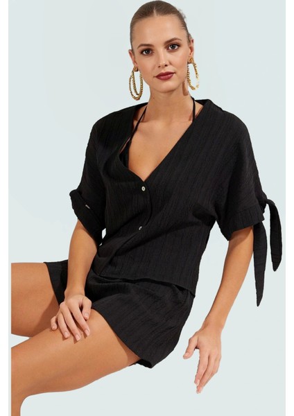 V Yaka Bağlamalı Kol Bluz Şort Takım Keten Karışımlı Dokuma Rahat ve Şık Zarifane Tasarım fiyatları