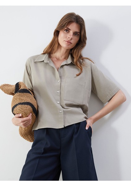 Yeni Sezon Crop Keten Karisimli Kadin Gomlek - S5MD93Z8