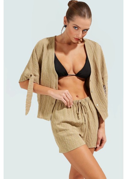 V Yaka Bağlamalı Kol Bluz Şort Takım Keten Karışımlı Dokuma Rahat ve Şık Zarifane Tasarım fiyatları