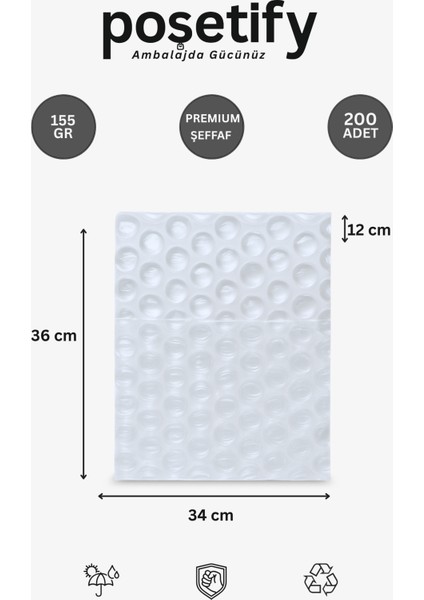 Premium Büyük Balonlu Torba 34 x 36 + 12 cm | 200’LI Set | Kalın Malzeme | Koruyucu Ambalaj Poşeti
