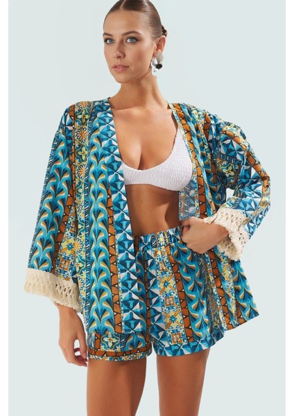 Plaj Kimono Şort Takım Çok Etnik Desenli Pamuklu Yazlık Rahat Şık Görünüm Dayanıklı Malzeme