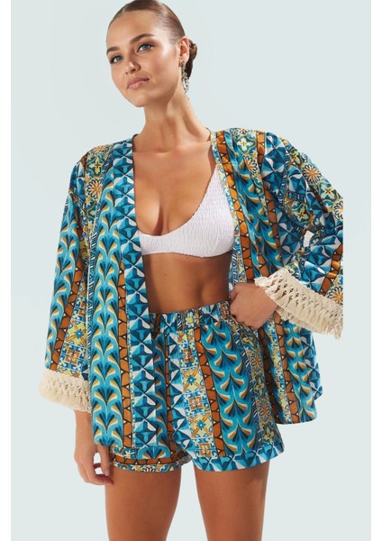 Plaj Kimono Şort Takım Çok Etnik Desenli Pamuklu Yazlık Rahat Şık Görünüm Dayanıklı Malzeme fiyatları