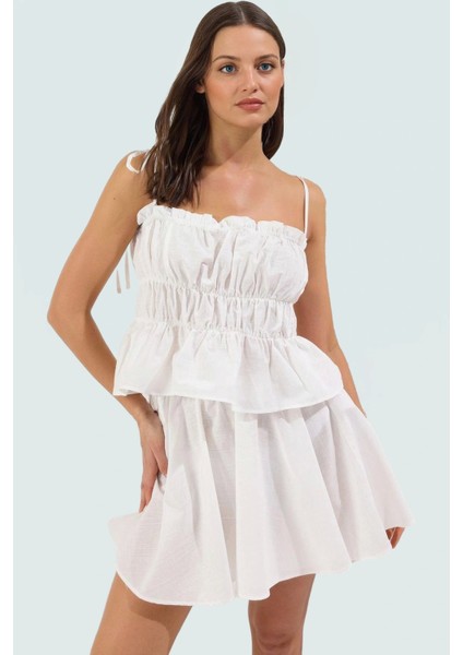 Rahat Yazlık Plaj Takımı Pamuk Mini Bluz Etek Büzgü Detaylı Reglan Kol Günlük Kullanım Için