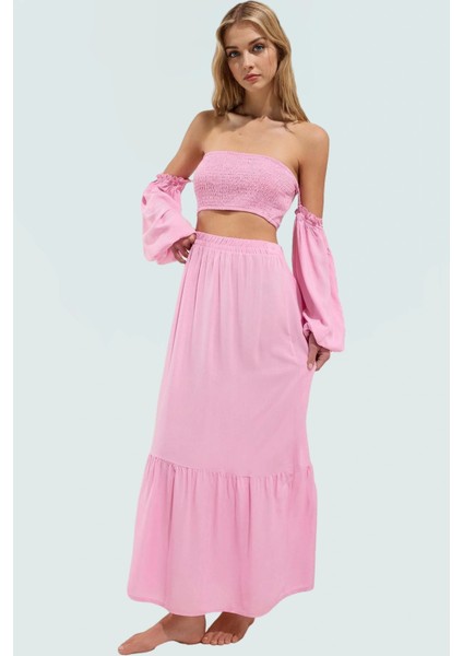 Yazlık Şal Desenli Viskoz Bluz Etek Takım Balon Kol Profesyonel Görünüm