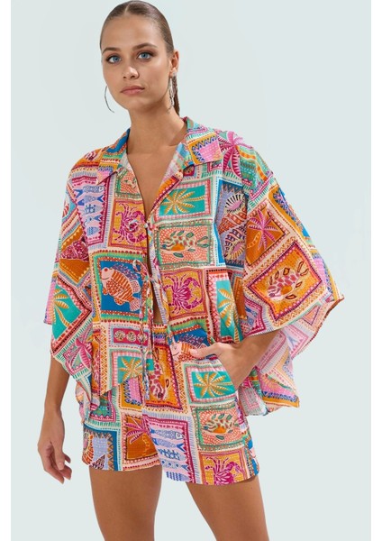 Rahat Kalıp Tropikal Desenli Pamuk Şort Gömlek Takım Yazlık Dayanıklı Malzeme Kaliteli Işçilik