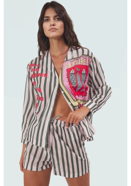 Rahat ve Şık Balık Desenli Pamuk Vual Plaj Takımı Kısa Kollu V Yaka Yazlık Kombin Yüksek Kalite