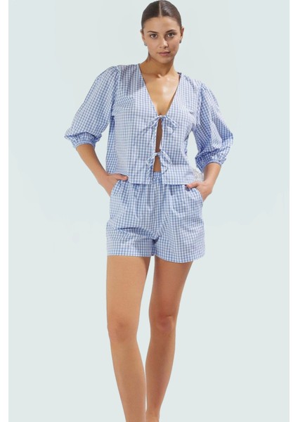 Rahat Yazlık Ekose Bluz Şort Takım 50 Pamuk Dokuma Kumaş Profesyonel Görünüm ve Şık fiyatları