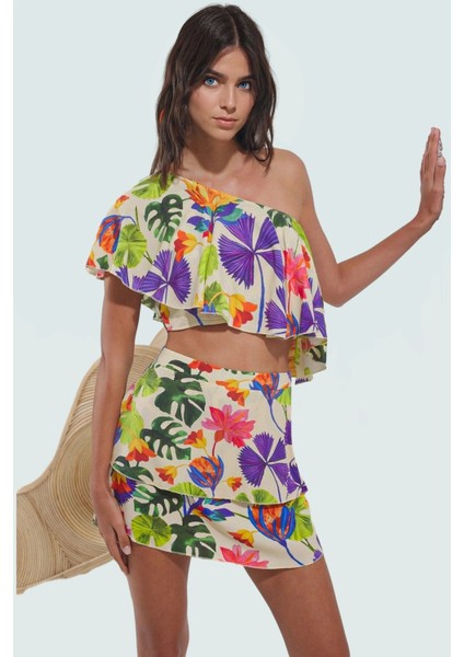 Çok Tropikal Desenli Dokuma Mini Etek Bluz Takımı Yaz Için Profesyonel Görünüm Şık