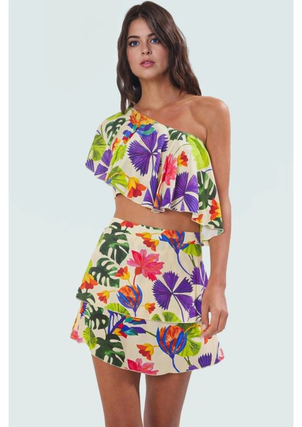Çok Tropikal Desenli Dokuma Mini Etek Bluz Takımı Yaz Için Profesyonel Görünüm Şık fiyatları