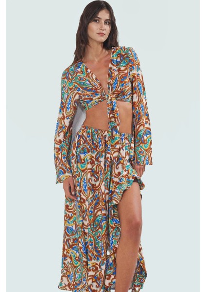 Dokuma Viskoz Bluz Etek Takım; Şal Desenli Oversize Yazlık Rahat Kullanım Uzun Ömürlü Şık Görünüm