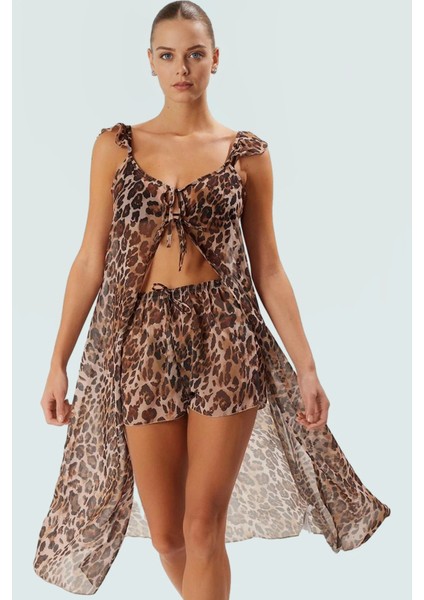 Leopar Desenli Şifon Plaj Takımı Yelek ve Şort Rahat Şık Yaz Kombininiz Profesyonel Görünüm